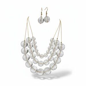 Three Layers Clear Lucite Bead Gold Tone Link Gradual Necklace Earring Set